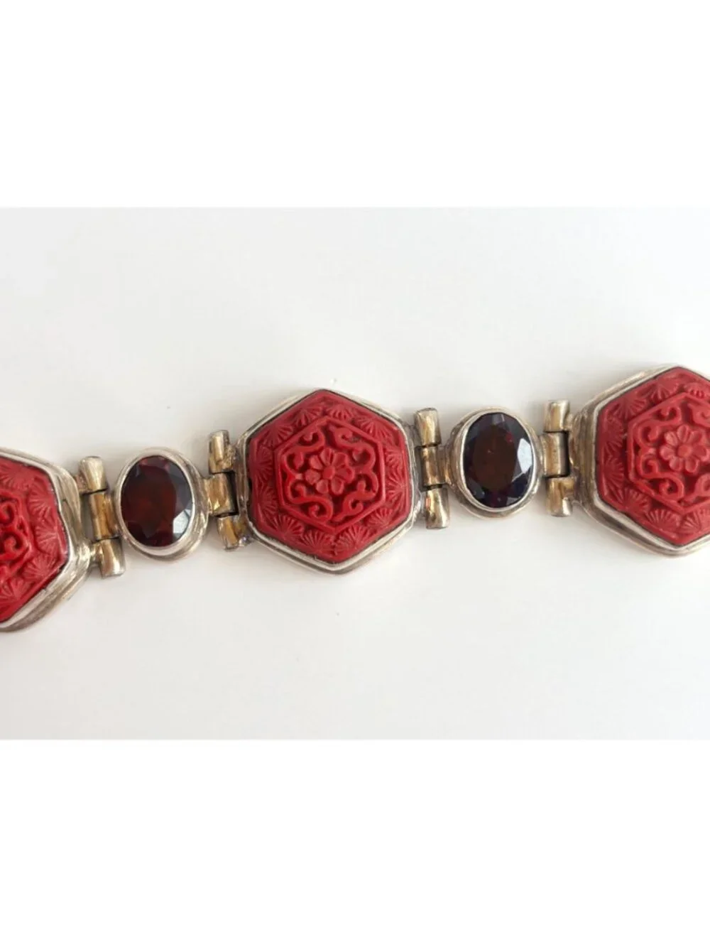 Cinnabar Hand Carved Sterling Silver Octagon Vintage Chainlink 925 Bracelet